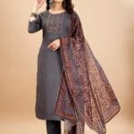 FELLORA Women's Rayon Cotton Kurti Grey Set with Handwork, KOTA Checks Dupatta, Regular Fit, for Fastive and Party and Office Traditional Indian Ethnic Wear