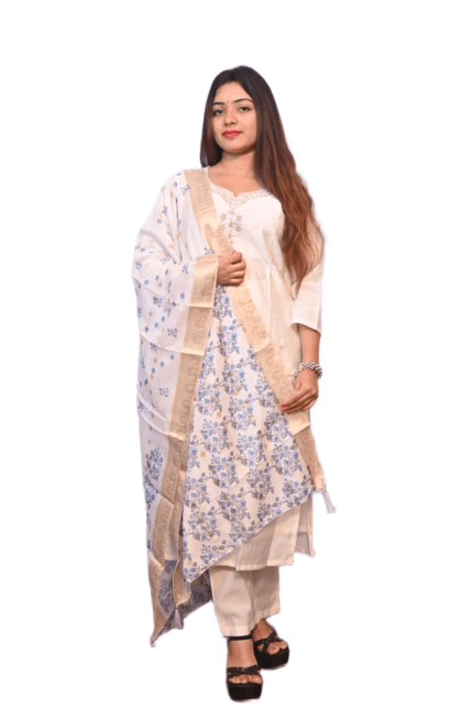 FELLORA Women's Cotton Rayon Embroidered Kurta Set with Banarasi Dupatta, Digital Print, Hand Work, Three Quarter Sleeve, Traditional Ethnic Wear, 3 Piece