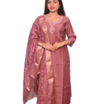FELLORA Ethnic Elegance Mauve Silk Salwar Suit Set with Gold Foil Print, Embroidered Neckline, Traditional Indian Wear, 3-Piece Dress with Dupatta Set
