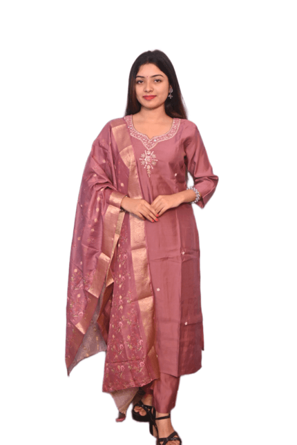 FELLORA Ethnic Elegance Mauve Silk Salwar Suit Set with Gold Foil Print, Embroidered Neckline, Traditional Indian Wear, 3-Piece Dress with Dupatta Set