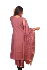 FELLORA Ethnic Elegance Mauve Silk Salwar Suit Set with Gold Foil Print, Embroidered Neckline, Traditional Indian Wear, 3-Piece Dress with Dupatta Set - Image 3