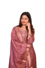 FELLORA Ethnic Elegance Mauve Silk Salwar Suit Set with Gold Foil Print, Embroidered Neckline, Traditional Indian Wear, 3-Piece Dress with Dupatta Set - Image 7
