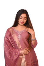 FELLORA Ethnic Elegance Mauve Silk Salwar Suit Set with Gold Foil Print, Embroidered Neckline, Traditional Indian Wear, 3-Piece Dress with Dupatta Set - Image 5