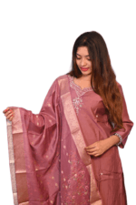 FELLORA Ethnic Elegance Mauve Silk Salwar Suit Set with Gold Foil Print, Embroidered Neckline, Traditional Indian Wear, 3-Piece Dress with Dupatta Set - Image 4