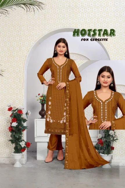 Fellora Unstitched dress material Suit Georgette Fabric STAR GOLD