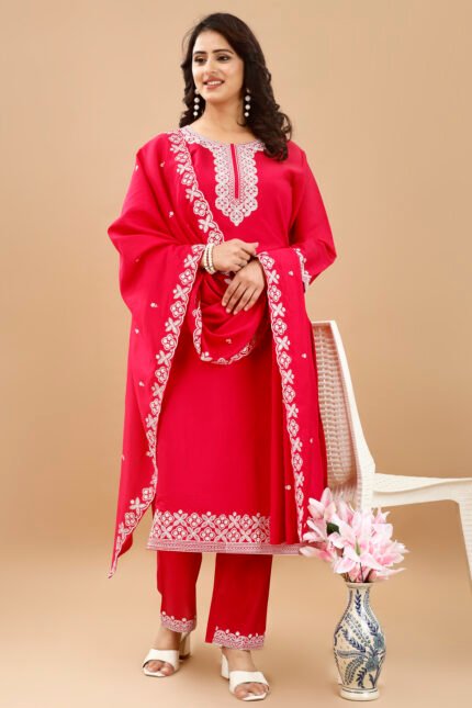 FELLORA-Women's Red Rayon Cotton Kurta Set with Lucknowi Chickankari and intricate heavy sequence white Embroidery, 3/4 Sleeve Traditional Pant, Suit with Dupatta