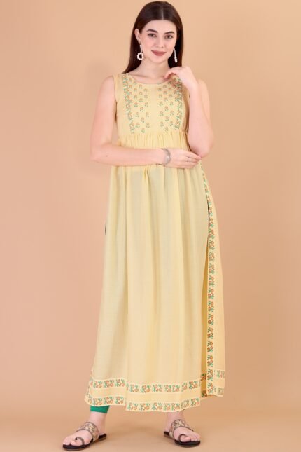 FELLORA Women Chikan Embroidery, Applique Cotton Rayon Flared Kurta-Yellow